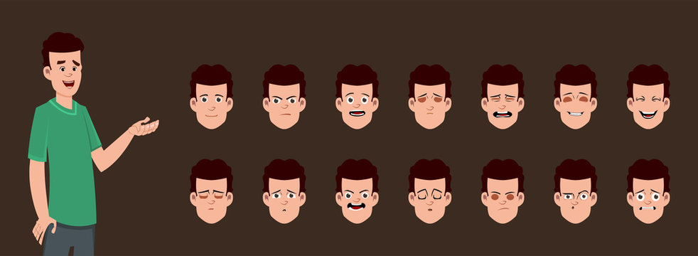 Young boy character with different facial expression set. Character sheet for your design, animation, motion or something else.