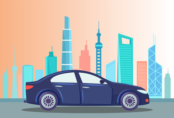 Blue car riding at street vector, vehicle in city transportation and connection in town. Cityscape with high buildings and skyscrapers. Downtown with machine, automobile illustration in flat style