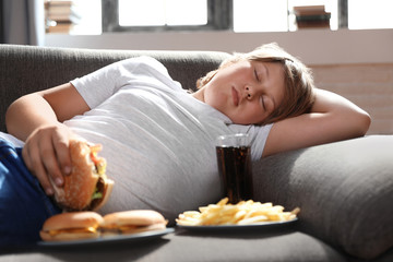 Obraz na płótnie Canvas Overweight boy sleeping on sofa surrounded by fast food