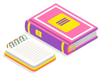 Book publication printed manual vector, isolated icon of textbook and notebook with spiral. Educational elements, information in encyclopedia school. Back to school concept. Flat cartoon isometric 3d