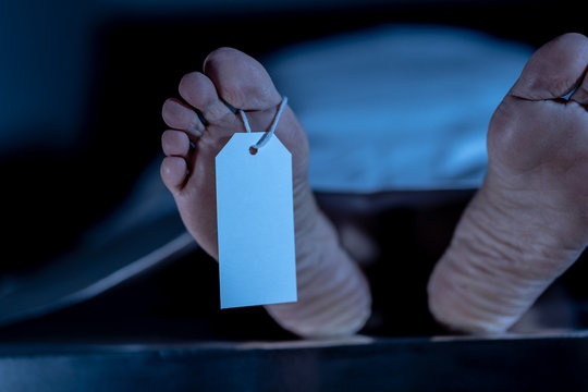 Cadaver on autopsy table at morgue, label tied to toe, close-up