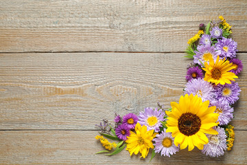 Flat lay composition with beautiful asters and sunflowers on wooden table. Space for text