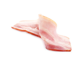 Slice of raw bacon on white background