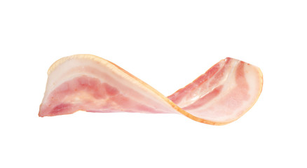 Slice of raw bacon on white background