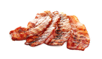 Slices of tasty fried bacon on white background
