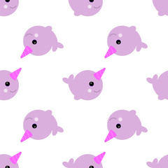 Vector illustration. Cute cartoon magic narwhal isolated on white background. funny pink unicorn whale for child and cards. © Yulia