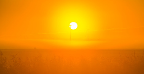 Wind turbines in a foggy field at sunrise in autumn