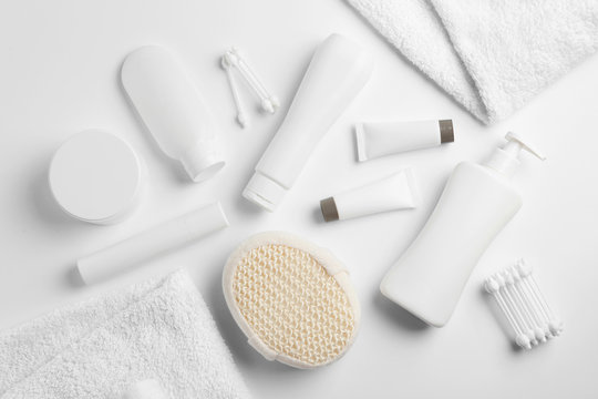 Composition With Baby Cosmetic Products On White Background, Top View