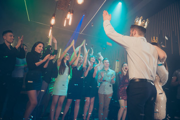 Nice attractive luxurious smart stylish trendy cheerful cheery glad company guys students gathering social life event occasion festive nightlife chill out at fashionable modern nightclub indoors © deagreez