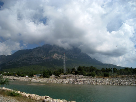 river, mountains, clouds