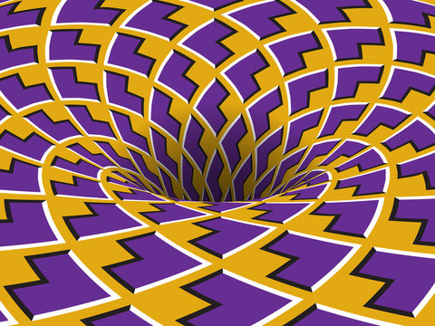 Rotating hole of moving purple yellow arrows ornament. Vector optical illusion background.