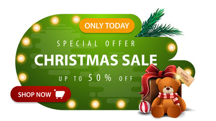 Special offer, Christmas sale, up to 50% off, greendiscount banner in abstract liquid shapes with bulbs, red button and present with Teddy bear