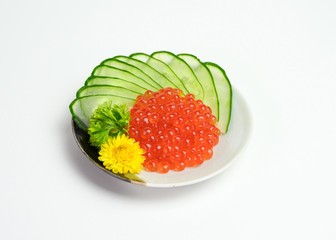 Ikura or Salmon egg with cucumber japanese cuisine