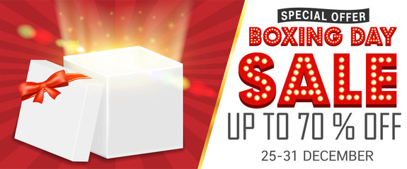 Boxing day sale with gift box open promote poster
