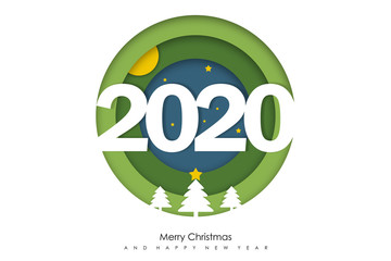 Merry Christmas and happy new year.  Illustration of trees and moon and paper cutting