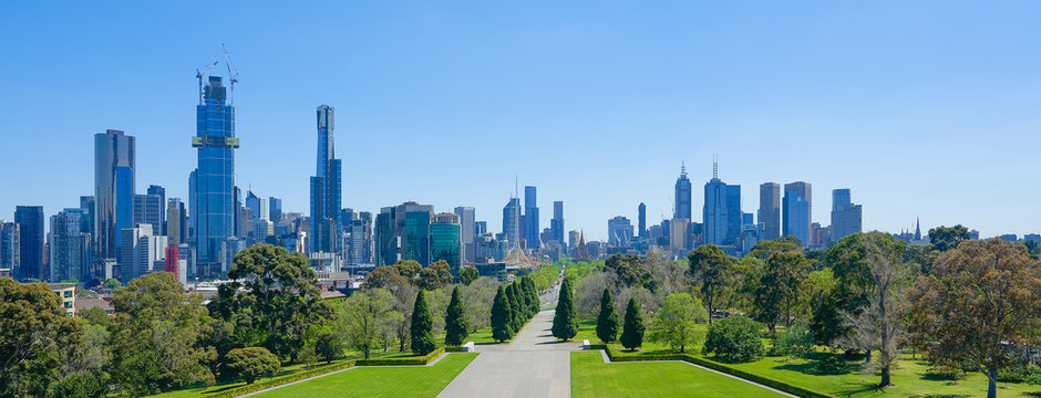 Melbourne cityscape panorama view from Shrine of Remembrance on a sunny day .