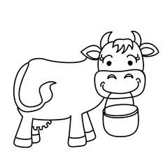 Сow with a bucke. Cute cartoon cow standing on a white background. Graphic vector illustration for logos, packaging, child decor