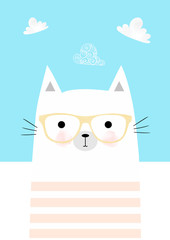 Funny face cat wearing glasses. T-shirt Print design. Animal drawing, Children illustration for card, poster and more. Romantic hand drawing cat character.