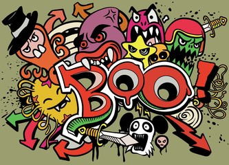 Happy Halloween greeting card vector illustration, Boo! with monsters. Cartoon vector illustration .
