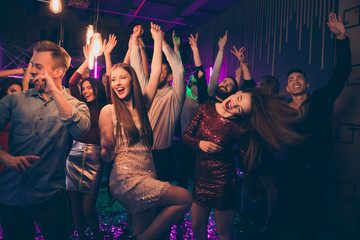 Portrait of positive cheerful wild group of youth people have fun dance in night club fee rejoice...