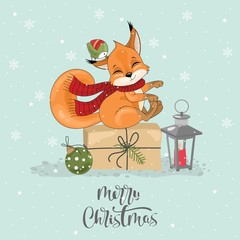 Christmas card with cute squirrel and festive elements. Vector illustration.