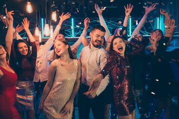 Photo of dancing people dressed in formalwear rejoicing good free time together with macho...