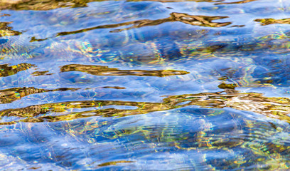 The surface of clear water in a pond