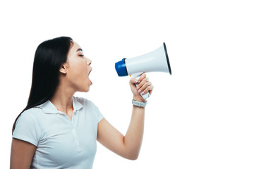 angry asian girl screaming in megaphone isolated on white