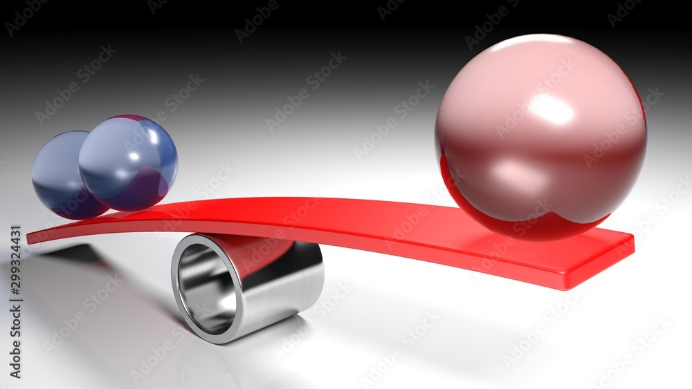 Poster balancing concept image with red and blue spheres - 3d rendering illustration