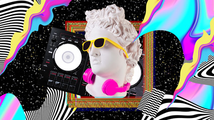 Apollo in headphones and sunglasses on a cosmic background. Concept art collage. Poster design.