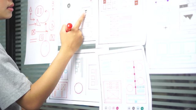 Designer web development website template design user ui application on paper or framework layout for pre-production on glass wall. Web developments creative involved in developing wireframe for apps