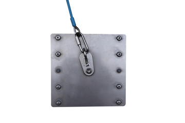 Top view picture of roof top safety fall arrest anchor point plate permanently attached into first man up line ready to used while working at height construction building site with white background  © Kings Access
