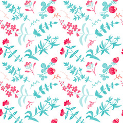 Vector seamless pattern with herbal tea plants, flowers, branches. Hand drawing doodle flat texture. Trendy tea background.