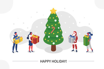Obraz na płótnie Canvas People Characters and Santa Claus Decorating Christmas Tree, Preparing Gift Boxes and Celebrating Winter Holidays. Merry Christmas and Happy New Year Concept. Flat Isometric Vector Illustration. 