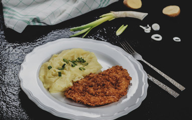 Chicken steak or schnitzel with mashed potatoes