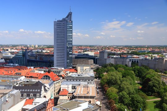 LEIPZIG, GERMANY - MAY 9, 2018: City-Hochhaus skyscraper in Leipzig. The building is owned by Merrill Lynch. Its tenants are MDR and European Energy Exchange.