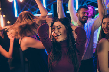 Omg its wonderful. Portrait of ecstatic girl have fun enjoy party nightclub dance touch her brown...