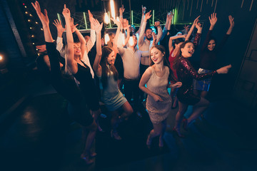 Top above high angle photo of crazy cheerful students corporate company want celebrate mate birthday visit nightclub enjoy music dance scream have fun party wear formalwear dress - obrazy, fototapety, plakaty