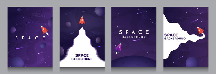 Fototapeta Vector illustration in abstract flat style. Minimalistic color space. Space exploration concept. A4 posters with copy space for text. Set of violet backgrounds. Creative dark wallpaper.  Modern design obraz