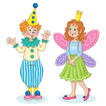 Children in carnival costumes. Little cute girl and funny boy in  butterfly and clown costumes. For a school party. In cartoon style. Isolated on  white background. Vector illustration.