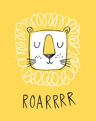  Lion hand drawn illustration vector in doodle style. Cute lion head with word roar. Kids, baby design for cards, poster, nursery wall art, clothing. Scandinavian style. © mgdrachal
