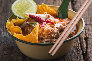 Spicy Small Noodles with Crispy and Pork  Thai Recipe.