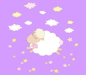 Cute lamb on a purple background. Cartoon. Illustration.