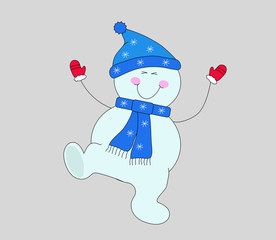 Funny snowman on a blue background. Illustration. 