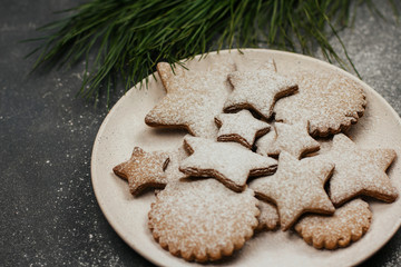  gingerbread cookies in the shape of stars on a plate sprinkled with powdered sugar. Christmas cookies.