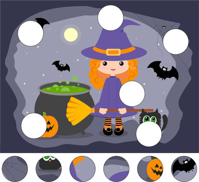 Cartoon cute witch with a pot, broom, pumpkin and black cat. Complete the puzzle and find the missing parts of the picture. Game for kids