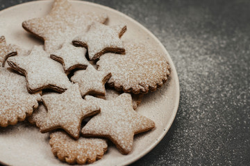 gingerbread cookies in the shape of stars on a plate sprinkled with powdered sugar.	