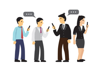 Businesspeople ignore each other and holding mobile in hands. Concept of technology addiction or bad habit.
