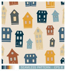 Cartoon town seamless pattern. Vector illustration. Landscape with houses in retro style. 