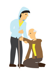 Pleasant caring man helping a old man to his feet. Concept of a caring society.